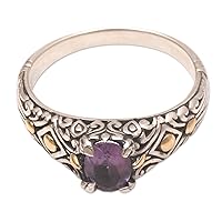 NOVICA Artisan Handmade 18k Gold Accented Amethyst Single Stone Ring .925 Sterling Silver Indonesia Gemstone 'Curious Invention'