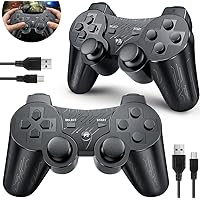 OKHAHA Controller for PS3 Controller Wireless for Sony Playstation 3 Controller, Double Shock 3, Rechargeable, Motion Sensor, Remote for PS3, 2 USB Charging Cords, 2 Pack, Stripes, Black + Black