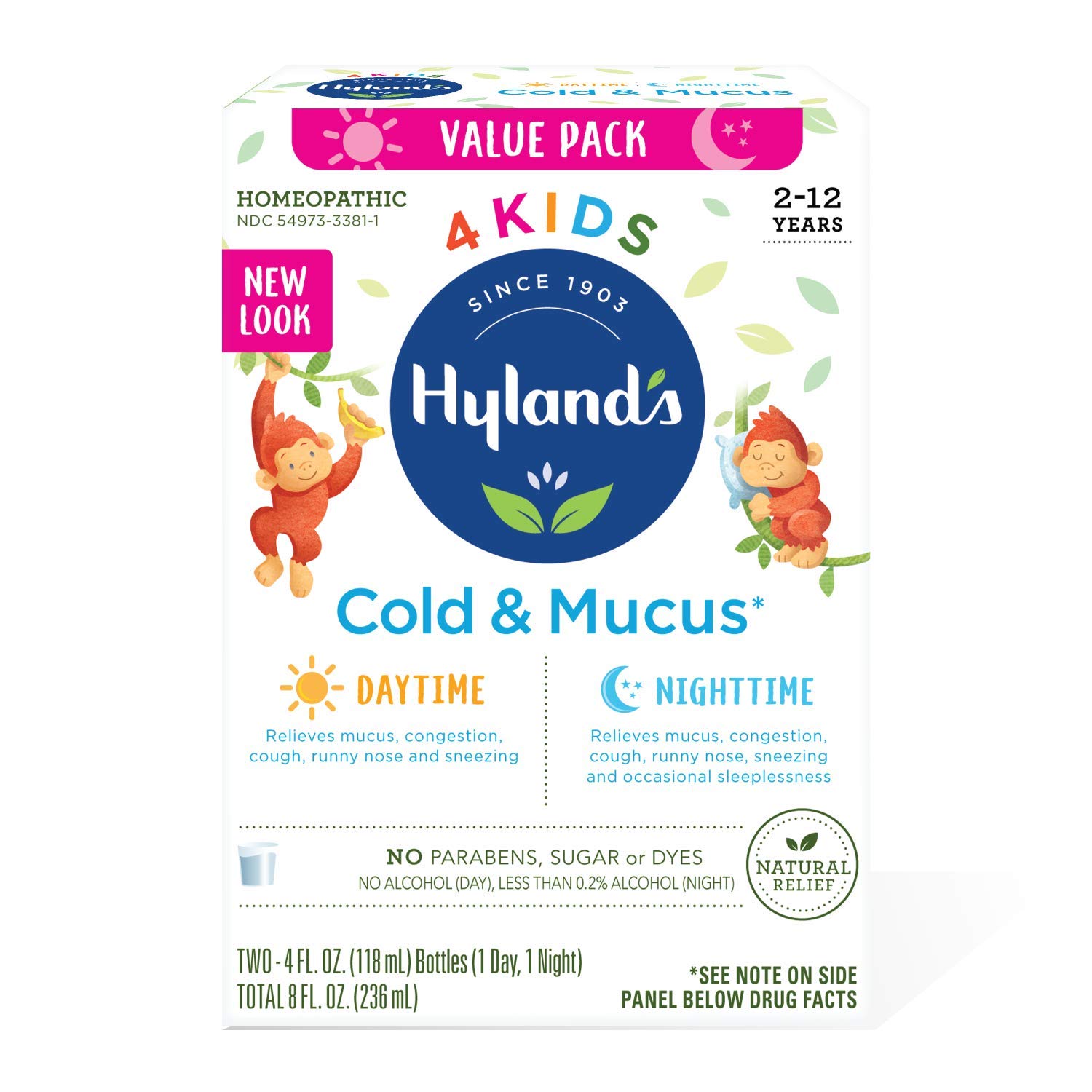 Kids Cold Medicine and Mucus Relief for Ages 2+, Hylands 4 Kids Cold 'n Mucus, Day and Night Value Pack, Syrup Cough Medicine for Kids, Nasal Decongestant and Allergy Relief, 4 Fl Oz Each