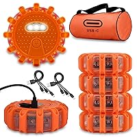 USB-C Rechargeable LED Road Flares Emergency Lights-Large Capacity (Lithium Battery) 3 in 1 cable Roadside Warning Car Safety Beacon Flashing Disc Kit with Magnetic Base for Vehicles