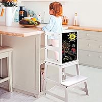 Kids Kitchen Step Stool with Chalkboard & Safety Rail for Toddlers 18 Months and Older, Safety Anti-Slip Protection, Removable Step Stool for Adult Use, White