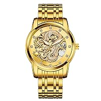 Hollow Watch with 3D Engraved, Craft of Art, Waterproof, Automatic Mechanical Wristwatch, Casual Watch, Genuine Leather Strap for Men Unisex Gift