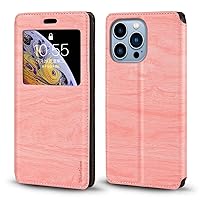 for iPhone 14 Pro Max Case, Wood Grain Leather Case with Card Holder and Window, Magnetic Flip Cover for iPhone 14 Pro Max (6.7”) Pink