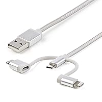 StarTech.com USB Multi Charging Cable - 3.3 ft / 1m - Lightning / USB-C / Micro-USB - Braided - MFi Certified - USB 2.0 - 3 in 1 Charging (LTCUB1MGR) Silver