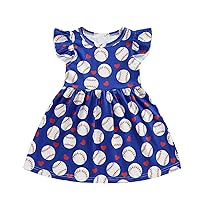 Toddler Baby Girl Baseball Clothes Baseball Print Twirly Dress Flutter Sleeve Swing Sundress Casual Summer Dresses