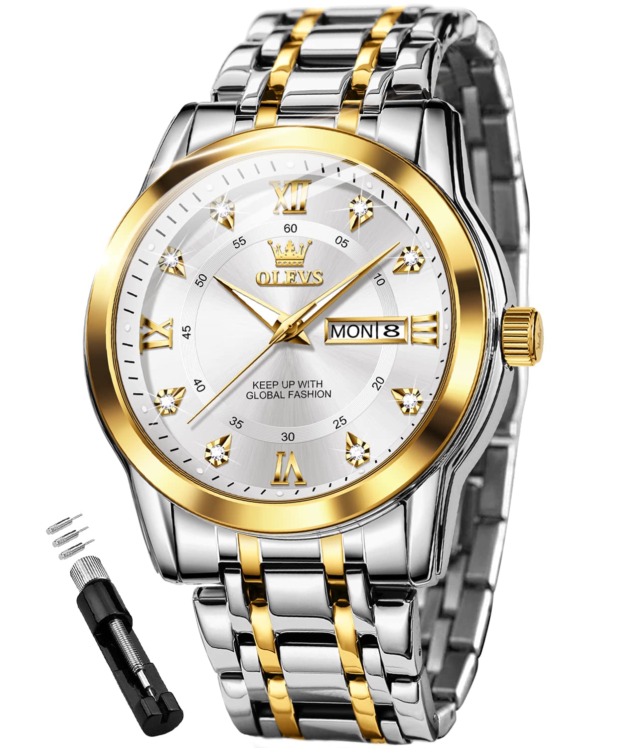 OLEVS Mens Diamond Watch Luxury Business Dress Wrist Watches Quartz Stainless Steel Waterproof Luminous Day Date