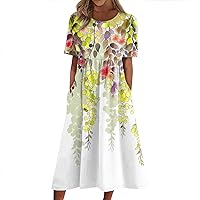Casual Summer Spring Short Sleeve Midi Dress Trendy Plus Size Smocked Flowy Dress Elegant Formal Vintage Floral Dress