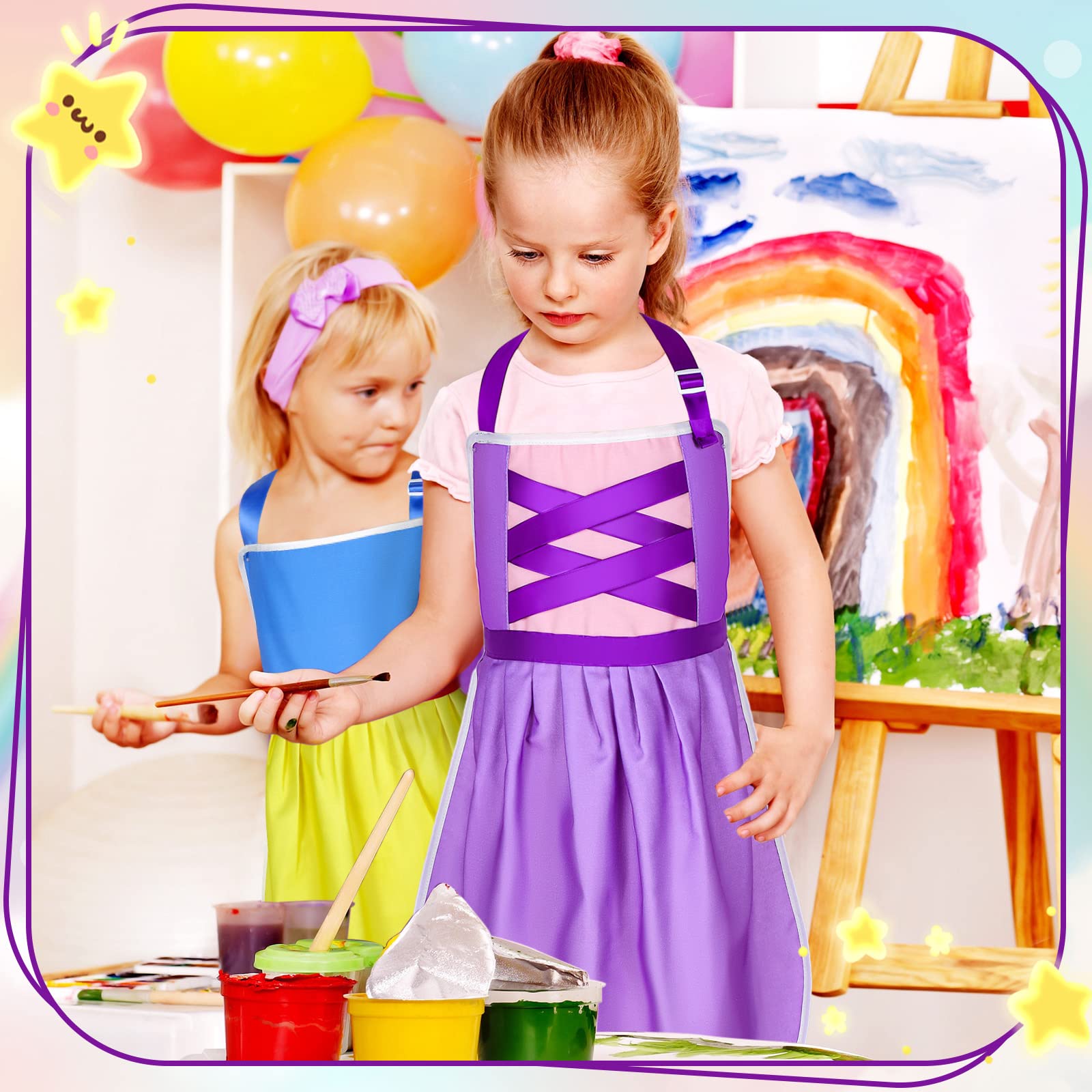 3 Pieces Child Apron for Girls Kid Toddler Aprons Princess Kitchen Chef Apron Art Smock Adjustable Cute Apron for Artist Painting Cooking Baking Gardening Kitchen Supplies, Yellow Purple White Blue