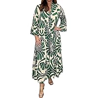 Women's Dresses Summer Dress Women's Printed Button High Waisted Fashionable and Comfortable Dress(Green,3X-Large