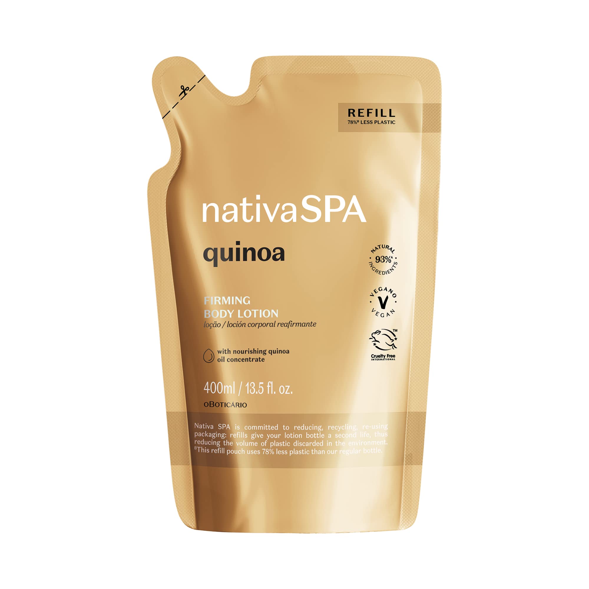 Nativa SPA by O Boticário, Quinoa Moisturizing Body Lotion Refill Pack, Fragranced Moisturizer Enriched with Purified Quinoa Drops to Boost Hydration, 13.5 Ounce