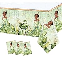 Princess Tablecloth Green Floral Birthday Party Table Covers Princess and Frog Girls Birthday Party Decorations Supplies 70.8 x 42.5 in (3)