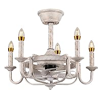 22''Retro Chandelier Ceiling Fan with Lights, Small Industrial Candle Ceiling Fan with Remote, White Bladeless Caged Ceiling Fan Lamp Indoor,Reversible