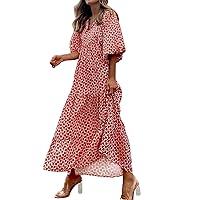 Womens Y2K Print Dress Retro Boho Bodycon Casual Top Peplum Knee-Length 3/4 Sleeve Loose Formal Flowy