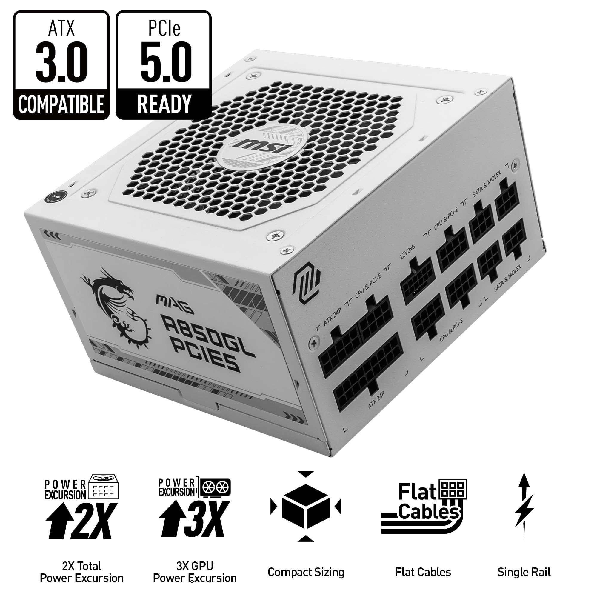 MSI MAG 850GL PCIE 5 White Gaming Power Supply - Full Modular - 80 Plus Gold Certified 850W - Compact Size - ATX PSU