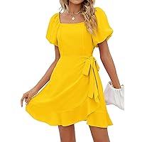 SAMPEEL Knee Length Dresses for Women Summer Country Concert Short Sleeve Yellow Dress L