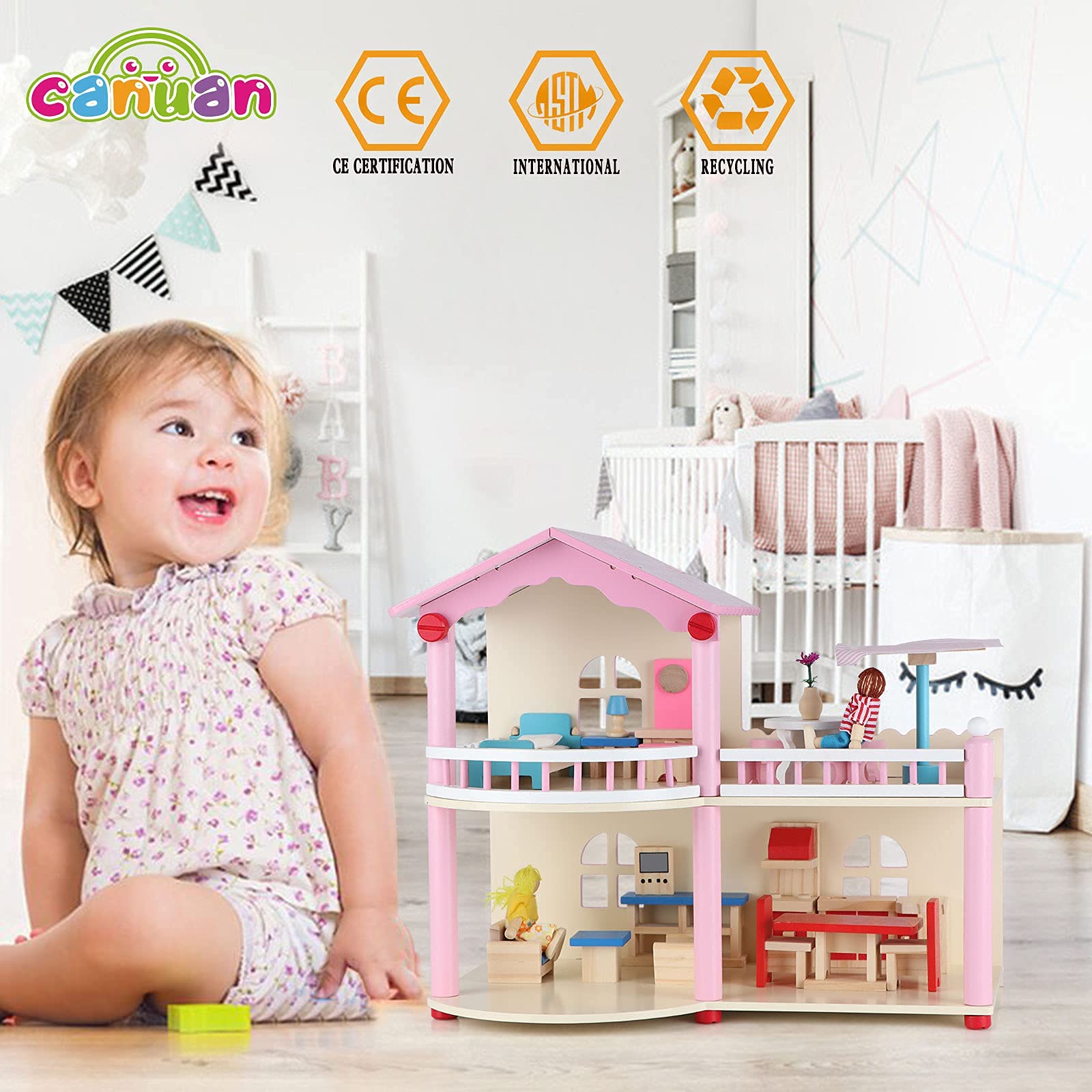 Canuan Dollhouse for Kids 3 4 5 Years Old,Dream House Playset with Furniture and Accessories Kit,Gifts for Girls and Boys