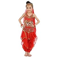 Kids Girls Belly Dance Halter Top Pants Costume Set Halloween Outfit with Head Veil Waist Chain and Bracelets