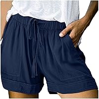Womens Summer Lounge Shorts Drawstring Elastic Loose Walk Cotton Shorts Solid Color Comfort Travel Shorts with Pockets
