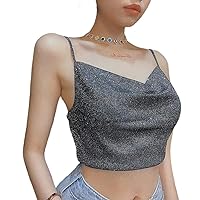 Multitrust Sexy Women One Shoulder Sequins Crop Tank Top Sleeveless Ruched Cami Shirts Camisole Streetwear