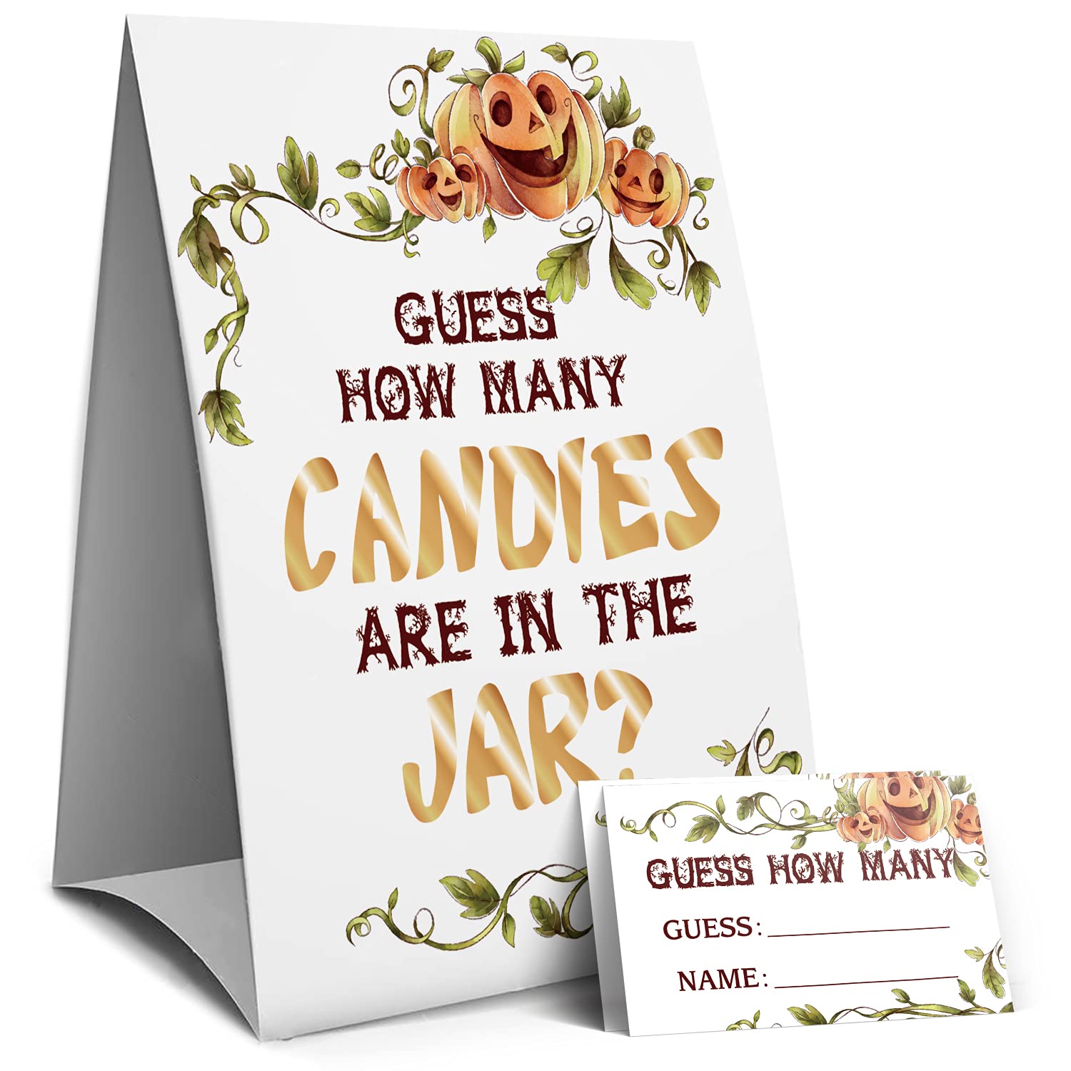 Pumpkin Guess How Many Candies Are In The Jar, Halloween Candies Guessing Game, Baby Shower Game Sign, Bridal Shower Game Sign, Birthday Party Games Sign -1 Sign and 50 Guessing Cards(16A)