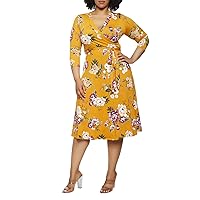 Pink Queen Womens Plus Size Dresses Casual Floral 3/4 Sleeve Wrap Dress Boho Party 2XL Yellow