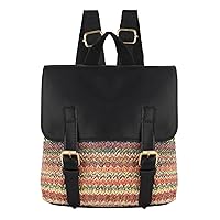 Women Small Colored Stripes Straw Woven Backpack Belt Buckle Flap Daypack Summer Beach Shoulders Bag