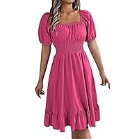 Womens Summer Dresses Midi, Retro Solid Color Square Collar Fungus Hem Waist A Line Short Sleeved Dress, S, XL