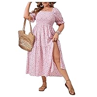 MakeMeChic Women's Plus Size Floral Boho Puff Sleeve Square Neck Shirred Split A Line Summer Long Maxi Dress