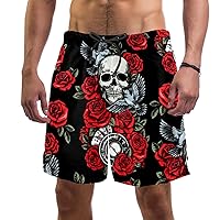 Skull Birds Clock Card and Red Roses Quick Dry Swim Trunks Men's Swimwear Bathing Suit Mesh Lining with Pocket