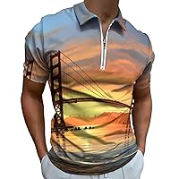 Golden Gate Bridge San Francisco Califonia Mens Polo Shirts Quick Dry Short Sleeve Zippered Workout T Shirt Tee Top