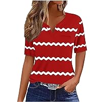 Summer Tops for Women 2024 Trendy Short Sleeve Shirts Stripe Print Tees V Neck Fashion Tshirts Casual Loose Blouses