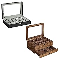SONGMICS 2 Items Bundle - Watch Boxes, 12-Slot Watch Box with Large Glass Lid and Removable Watch Pillows, 2-Tier Watch Case with 8 Slots, Rustic Walnut UJWB12BK and UJOW008K01
