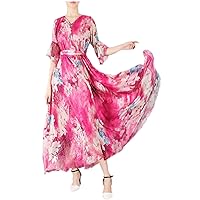 MedeShe Women's Bell Sleeve Flowy Chiffon Maxi Dress Holiday Beach Floral Sundress