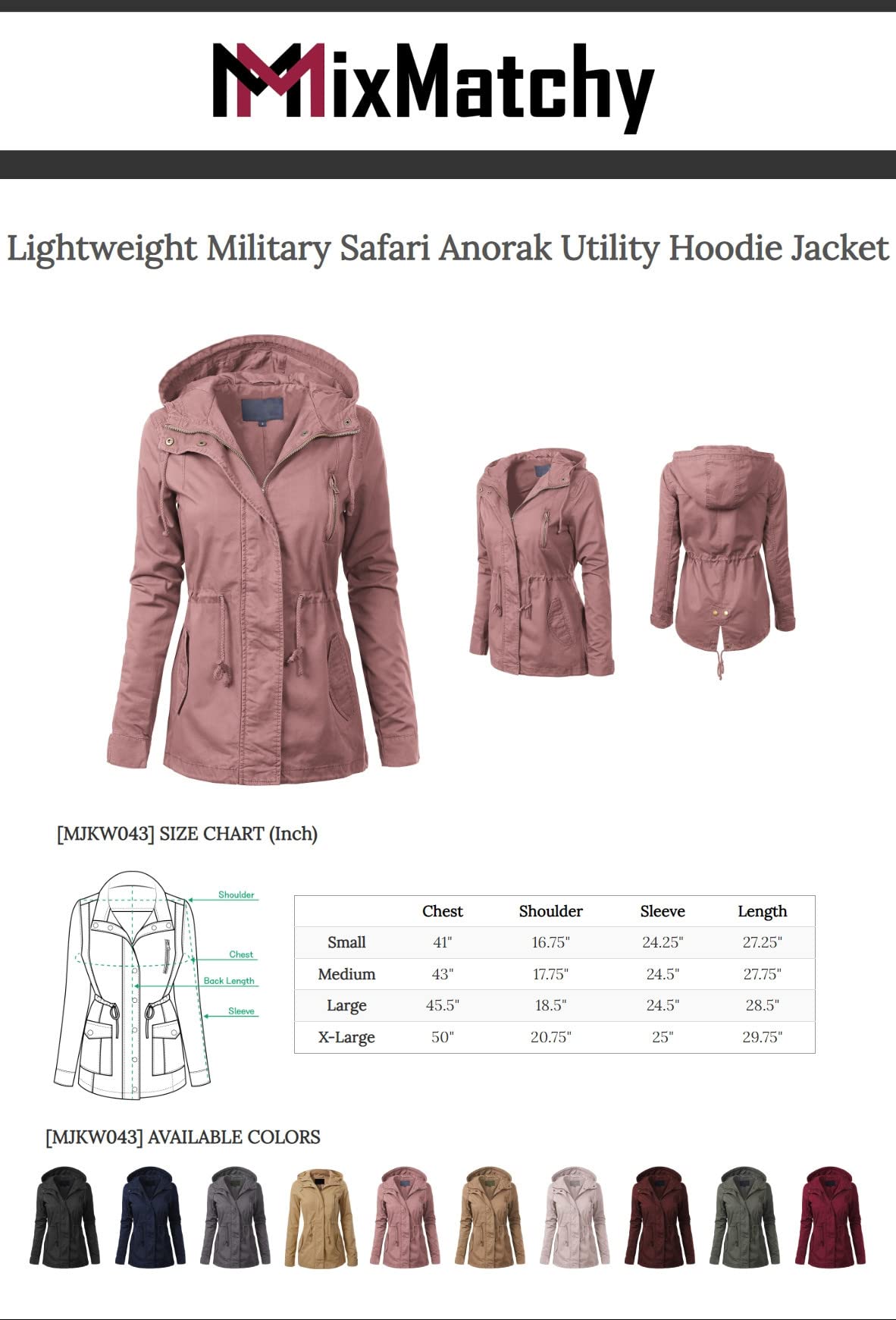 MixMatchy Women's Lightweight Military Safari Anorak Utility Junior Fit Hoodie Jacket