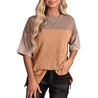 EVALESS Womens Summer Short Sleeve Crew Neck Shirts Tops Color Block Oversized Loose Fit Top X Khaki Medium