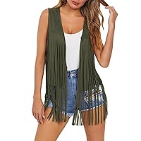 Dokotoo Womens Fringe Vest 70s Hippie Costume Sleeveless Cowgirl Western Faux Suede Tassel Leather Outerwear