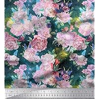 Soimoi Velvet Fabric Leaves,Grape Hyacinth & Denmark Rose Flower Print Fabric by Yard 58 Inch Wide