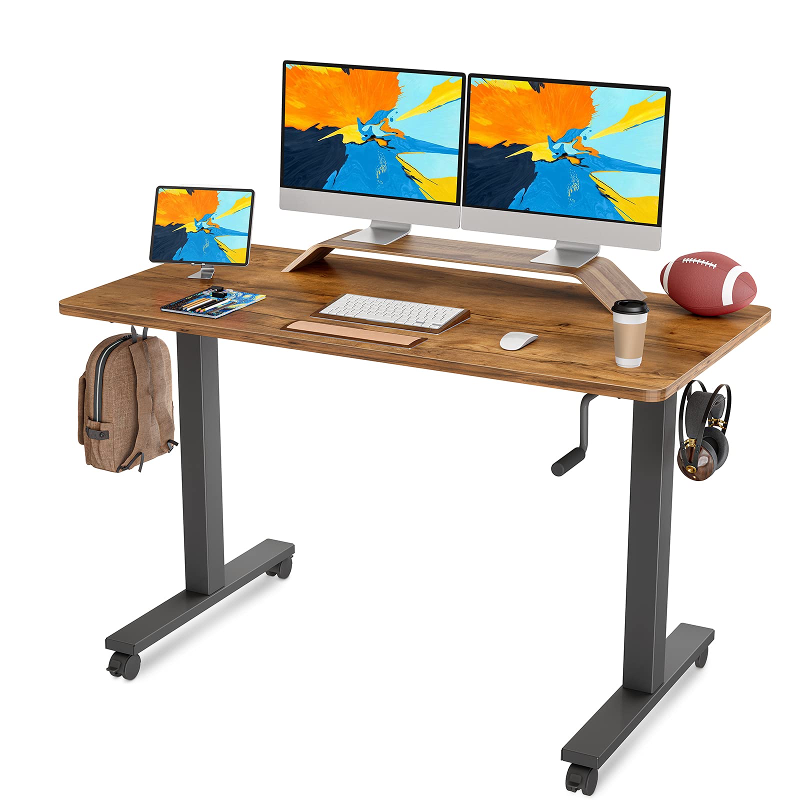 FAMISKY Crank Adjustable Height Standing Desk, 55 x 24 Inches Manual Stand up Desk, Sit Stand Workstation for Home Office with Handle and Splice Bo...