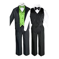 Unotux 7pc Boys Black Suits Tuxedo with Satin Lime Green Bow Tie Vest Set (S-20)