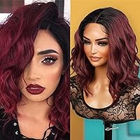 Medium Wavy Deep Wave Bob Wigs 12 Inch Middle Center Part Soft Swiss Lace Front Bob Wig for Black women Wavy Curly Wig Heat Resistant Synthetic Wigs DPL008 (OT530)