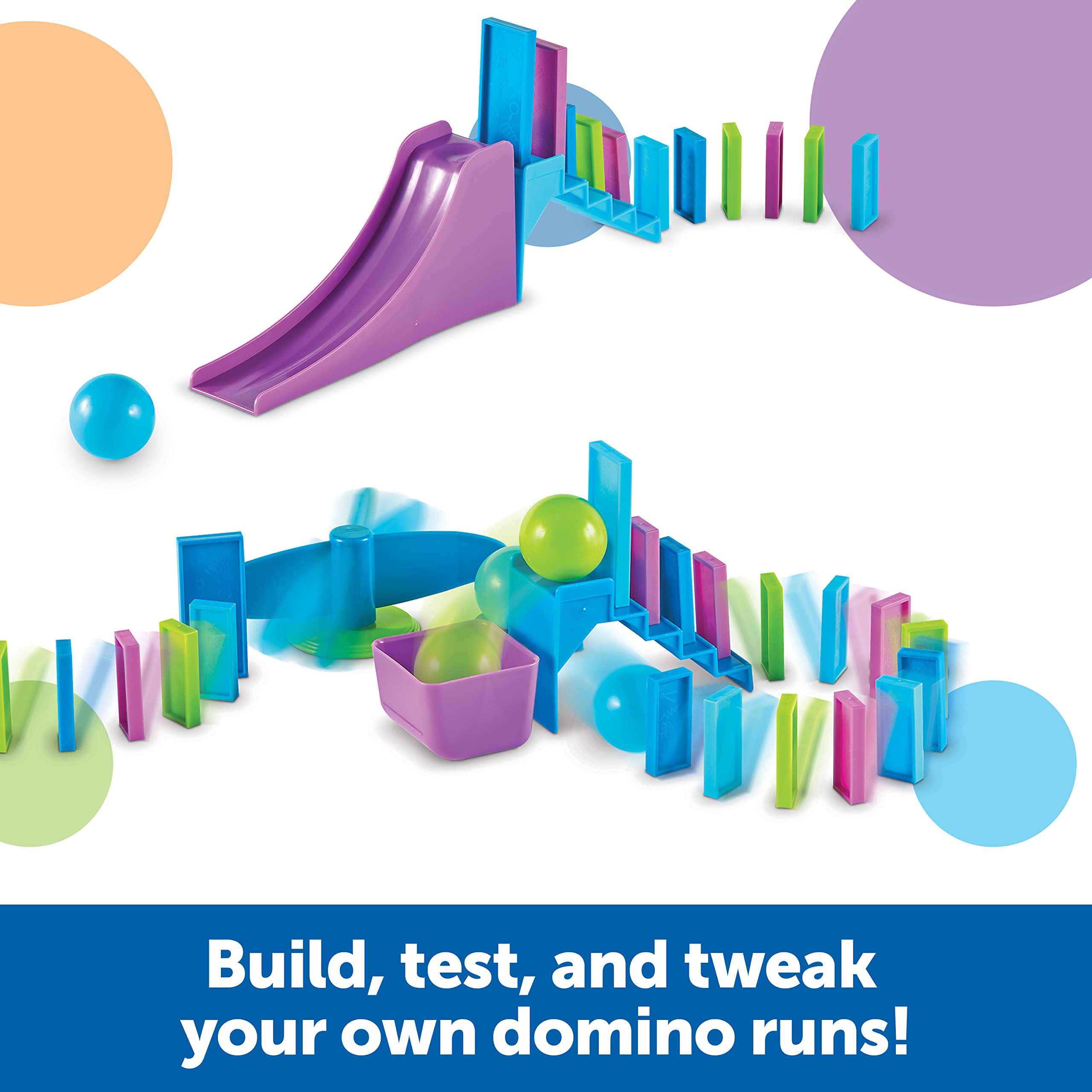 Learning Resources STEM Explorers Domino Action, STEM Toys for Kids, 59 Pieces, Age 5+ Gifts for Boys and Girls, 45 dominos, 10 double-sided challenge cards, obstacle pieces