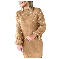 Holiday Dress,Elegant Long Sleeve Crewneck Pearl Sweater Dress for Winter Fall Spring Plus Size Casual Loose Midi Dress for Work Outdoor Evening Wedding Guest Women Khaki 2XL