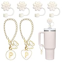 Compatible with Stanley Cup Accessories, 2PCS Butterfly Letter Charms with 4PCS 10mm Stanley Straw Cover Cap for Stanley Cup 30&40 Oz, Silicone Stanley Straw Toppers for Stanley Tumbler(P)