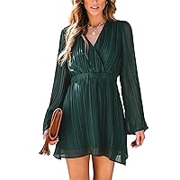 CUPSHE Women's Mini Dress V Neck Pleated Belted Long Sleeve A Line Short Party Dress Green