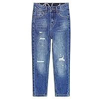 KIDSCOOL SPACE Girls Simple Design Denim Pants,5T-14T Elastic Waistband Inside Straight-fit Slim Jeans