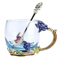Flower Tea Cup Set, Coffee Cups Set, Butterfly Glass Mug with Spoon Set, Handmade Rose Butterflies Best Valentine's Day Gifts - Newlyweds Parents Teachers Couples Gifts (12oz, Blue)