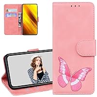 Wallet Phone Case for Xiaomi Poco X3 NFC, Butterfly Embossing Skin Feel PU Leather Case with Magnetic Clasp and Cash Card Slots Holster for Xiaomi Poco X3 NFC, TXHD Pink
