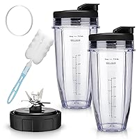 [Design for SS101] Blender Replacement Parts for Ninja SS101, 24 oz. Single-Serve Cups Kit with To-Go Lids (2 Pack) with 7 Fins Blade, Fits SS100, SS101, SS300, SS351, SS400, SS401, CO351B