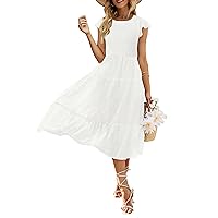 MEROKEETY Women's Summer Flutter Short Sleeve Smocked Midi Dress Swiss Dot Flowy Tiered Dresses