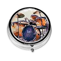 Jazz Drum Print Pill Box 3 Compartment Round Pill Case with Mirror Metal Pill Organizer Travel Pillbox Mini Medicine Storage Box for Pocket Purse